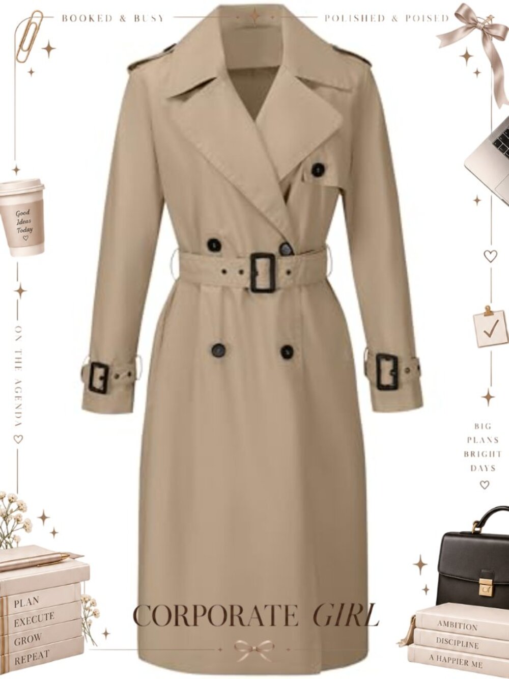 Women's Double-Breasted Long Trench Coat Water Resistant Belted